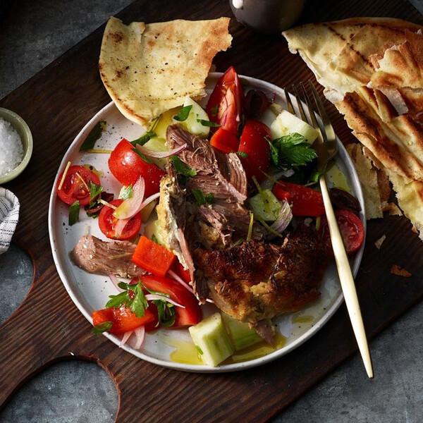 Slow Roasted Lamb Shoulder with Tomato and Olive Salad